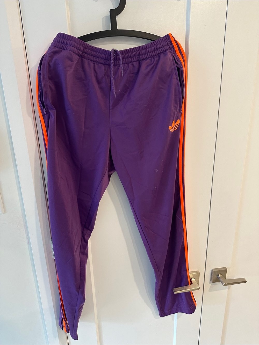 Adidas Men’s Purple Tracksuit Pants w/ Orange Side Stripes - Size M